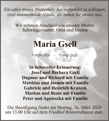 Anzeige von Maria Gsell von Reutlinger General-Anzeiger