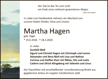 Anzeige von Martha Hagen von Reutlinger General-Anzeiger