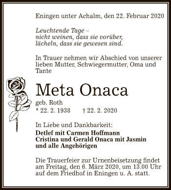 Anzeige von Meta Onaca von Reutlinger General-Anzeiger