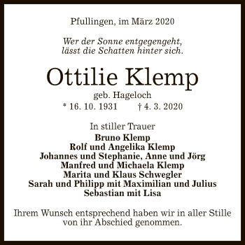 Anzeige von Ottilie Klemp von Reutlinger General-Anzeiger