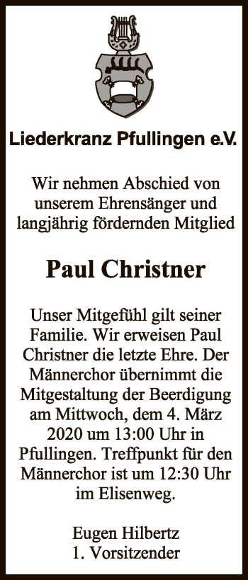 Anzeige von Paul Christner von Reutlinger General-Anzeiger