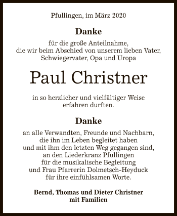 Anzeige von Paul Christner von Reutlinger General-Anzeiger