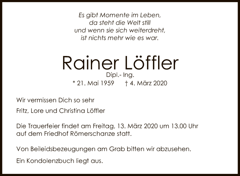  Traueranzeige für Rainer Löffler vom 07.03.2020 aus Reutlinger General-Anzeiger