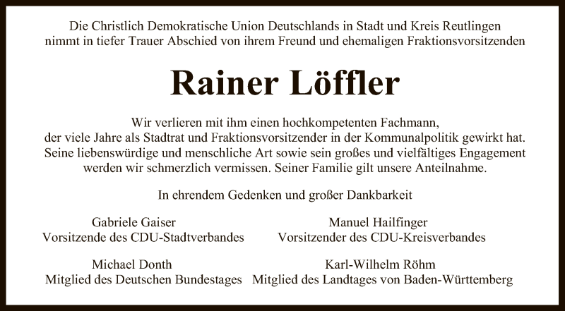  Traueranzeige für Rainer Löffler vom 07.03.2020 aus Reutlinger General-Anzeiger