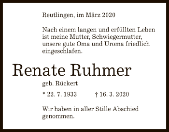 Anzeige von Renate Ruhmer von Reutlinger General-Anzeiger