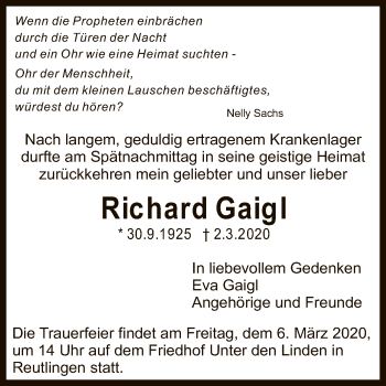 Anzeige von Richard Gaigl von Reutlinger General-Anzeiger