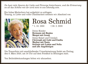 Anzeige von Rosa Schmid von Reutlinger General-Anzeiger