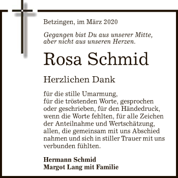 Anzeige von Rosa Schmid von Reutlinger General-Anzeiger