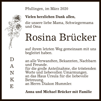 Anzeige von Rosina Brücker von Reutlinger General-Anzeiger