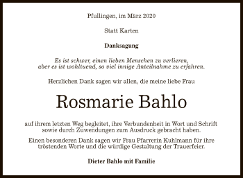 Anzeige von Rosmarie Bahlo von Reutlinger General-Anzeiger