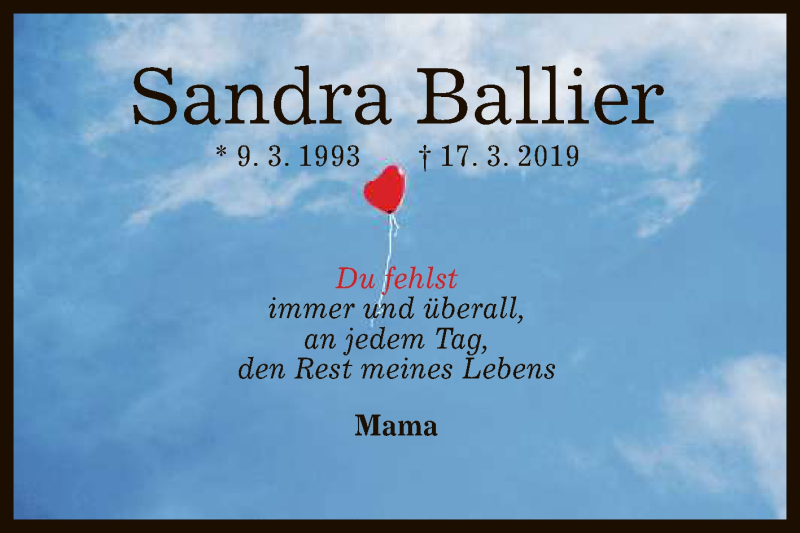  Traueranzeige für Sandra Ballier vom 21.03.2020 aus Reutlinger General-Anzeiger