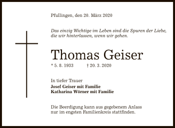 Anzeige von Thomas Geiser von Reutlinger General-Anzeiger