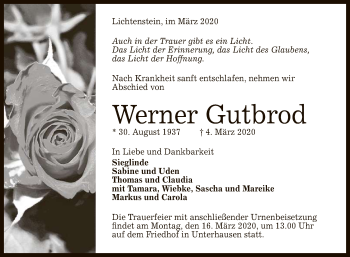 Anzeige von Werner Gutbrod von Reutlinger General-Anzeiger
