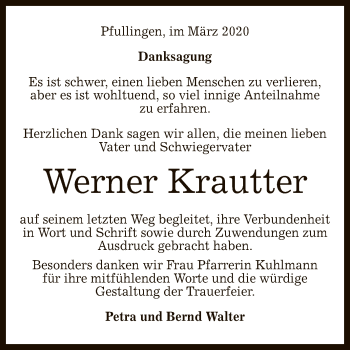 Anzeige von Werner Krautter von Reutlinger General-Anzeiger