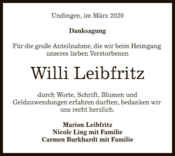 Anzeige von Willi Leibfritz von Reutlinger General-Anzeiger