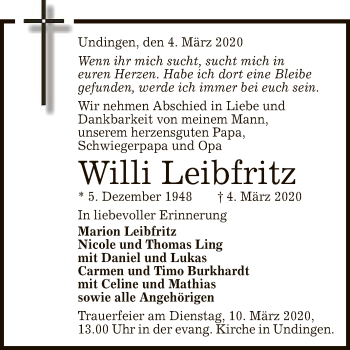 Anzeige von Willi Leibfritz von Reutlinger General-Anzeiger