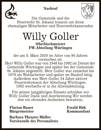 Anzeige von Willy Goller von Reutlinger General-Anzeiger