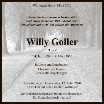 Anzeige von Willy Goller von Reutlinger General-Anzeiger