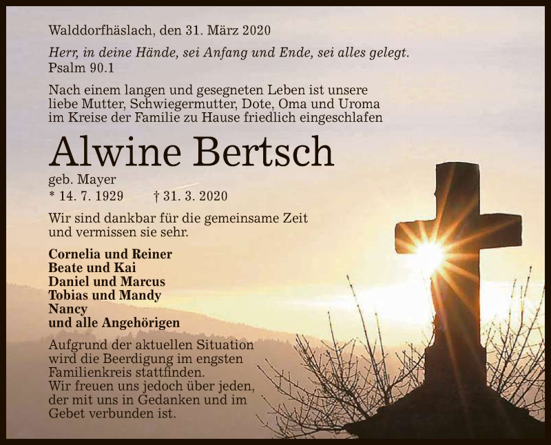  Traueranzeige für Alwine Bertsch vom 02.04.2020 aus Reutlinger General-Anzeiger