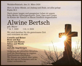 Anzeige von Alwine Bertsch von Reutlinger General-Anzeiger