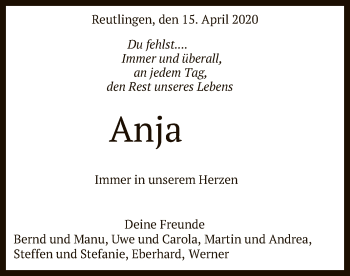 Anzeige von Anja  von Reutlinger General-Anzeiger
