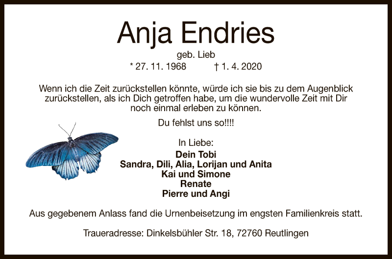  Traueranzeige für Anja Endries vom 18.04.2020 aus Reutlinger General-Anzeiger
