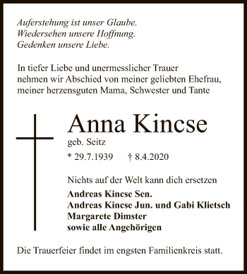 Anzeige von Anna Kincse von Reutlinger General-Anzeiger