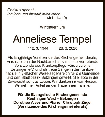 Anzeige von Anneliese Tempel von Reutlinger General-Anzeiger