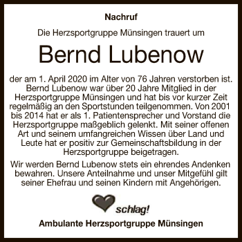 Anzeige von Bernd Lubenow von Reutlinger General-Anzeiger