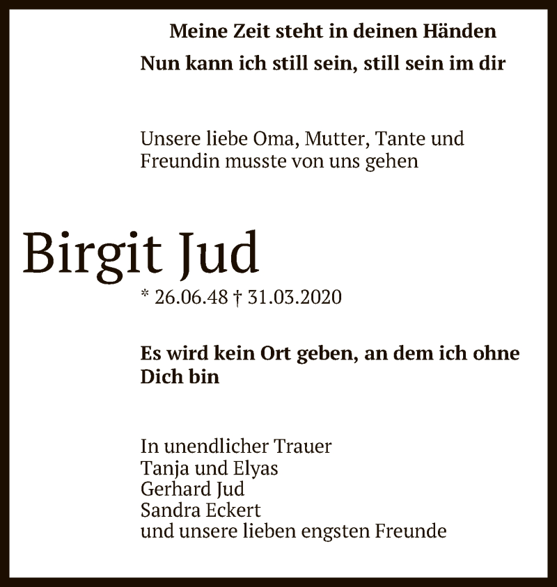  Traueranzeige für Birgit Jud vom 01.04.2020 aus Reutlinger General-Anzeiger