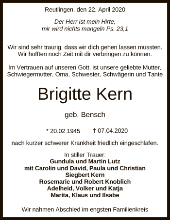 Anzeige von Brigitte Kern von Reutlinger General-Anzeiger