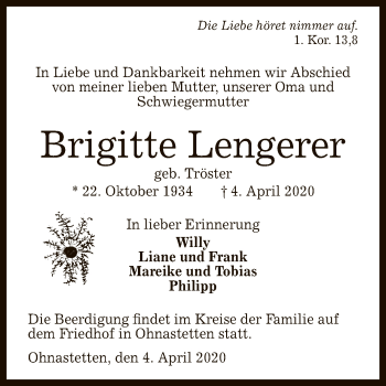 Anzeige von Brigitte Lengerer von Reutlinger General-Anzeiger