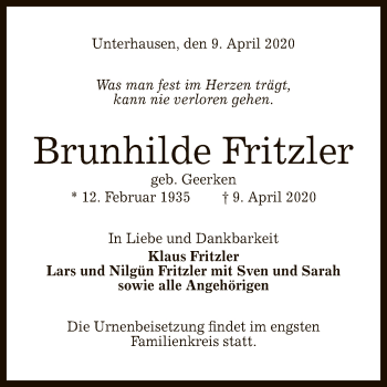 Anzeige von Brunhilde Fritzler von Reutlinger General-Anzeiger