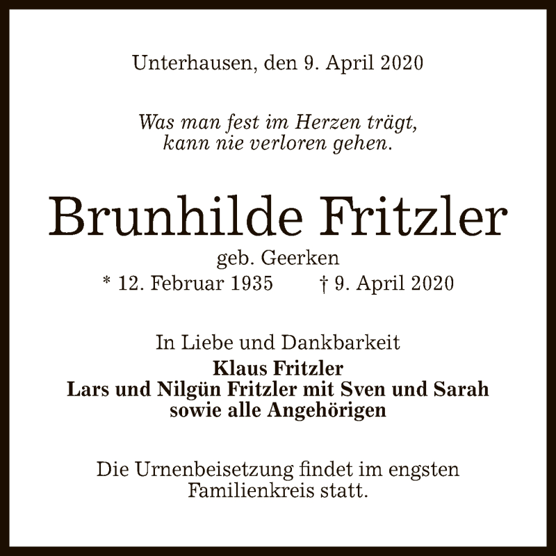  Traueranzeige für Brunhilde Fritzler vom 16.04.2020 aus Reutlinger General-Anzeiger