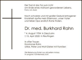 Anzeige von Burkhard Rahn von Reutlinger General-Anzeiger