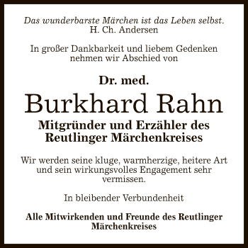 Anzeige von Burkhard Rahn von Reutlinger General-Anzeiger