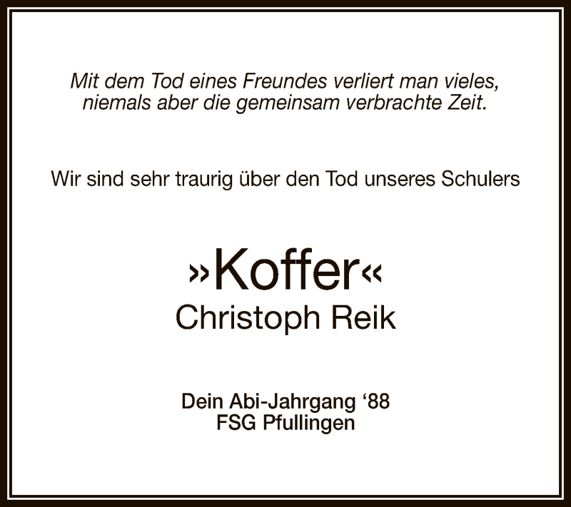  Traueranzeige für Christoph Reik vom 22.04.2020 aus Reutlinger General-Anzeiger