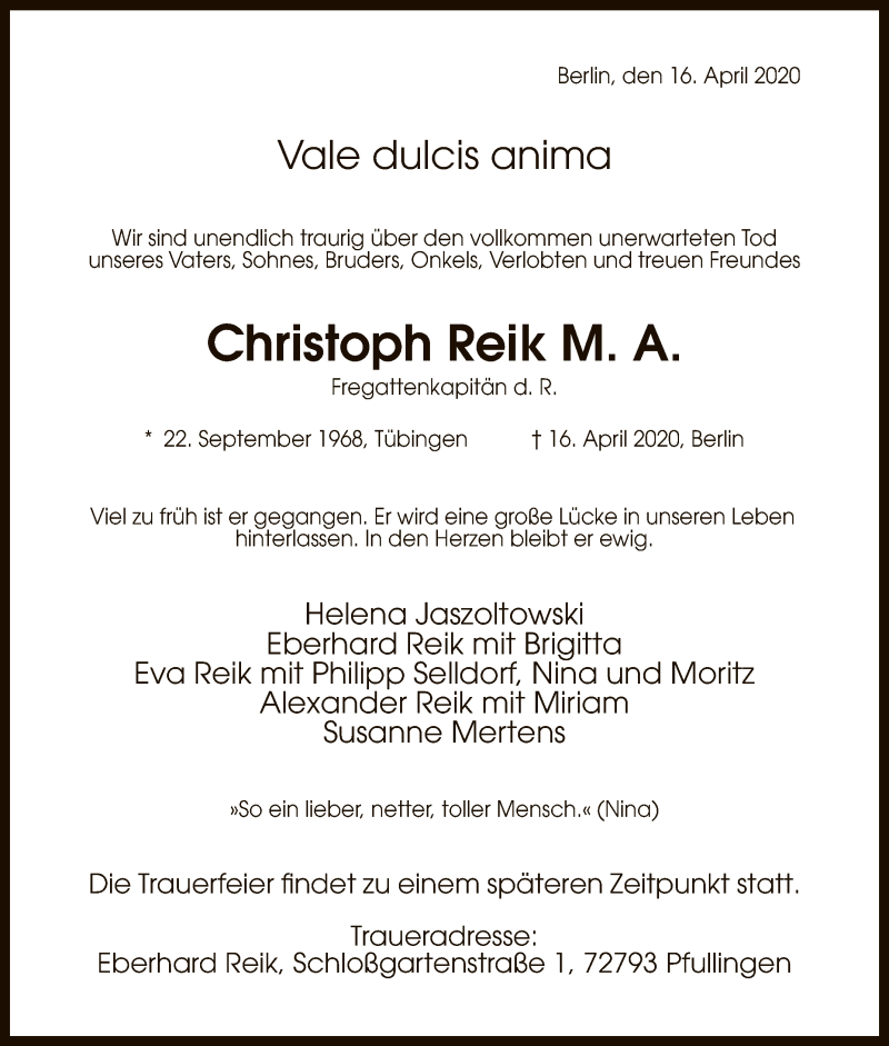  Traueranzeige für Christoph Reik vom 21.04.2020 aus Reutlinger General-Anzeiger