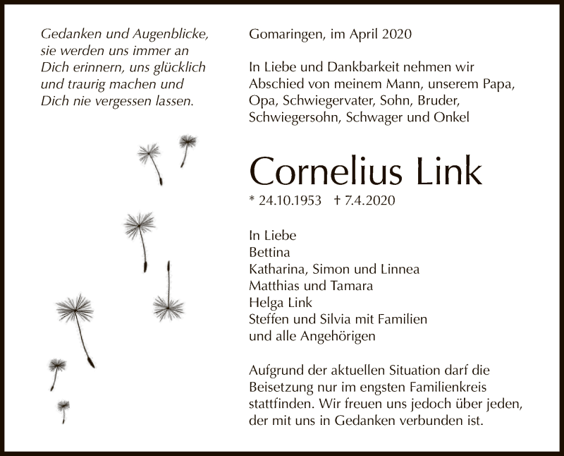  Traueranzeige für Cornelius Link vom 15.04.2020 aus Reutlinger General-Anzeiger