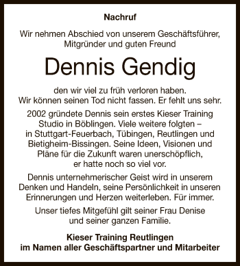 Anzeige von Dennis Gendig von Reutlinger General-Anzeiger