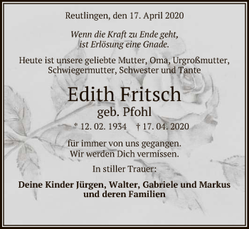 Anzeige von Edith Fritsch von Reutlinger General-Anzeiger