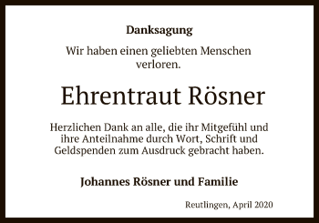 Anzeige von Ehrentraut Rösner von Reutlinger General-Anzeiger