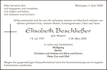 Anzeige von Elisabeth Beschließer von Reutlinger General-Anzeiger