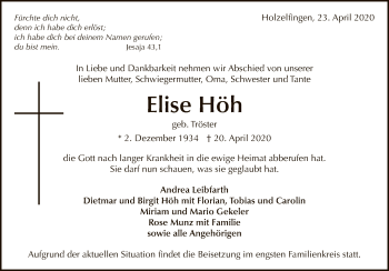 Anzeige von Elise Höh von Reutlinger General-Anzeiger
