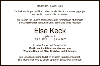 Anzeige von Else Keck von Reutlinger General-Anzeiger