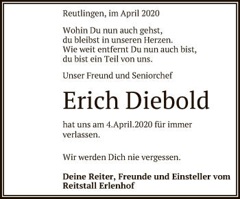 Anzeige von Erich Diebold von Reutlinger General-Anzeiger