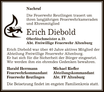 Anzeige von Erich Diebold von Reutlinger General-Anzeiger