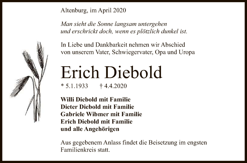  Traueranzeige für Erich Diebold vom 07.04.2020 aus Reutlinger General-Anzeiger