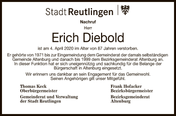 Anzeige von Erich Diebold von Reutlinger General-Anzeiger