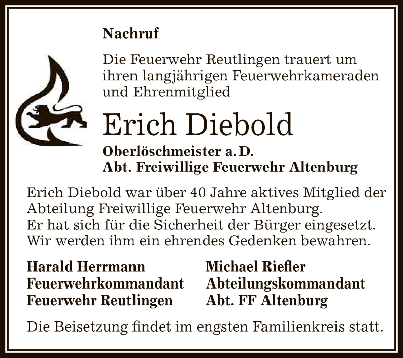  Traueranzeige für Erich Diebold vom 08.04.2020 aus Reutlinger General-Anzeiger